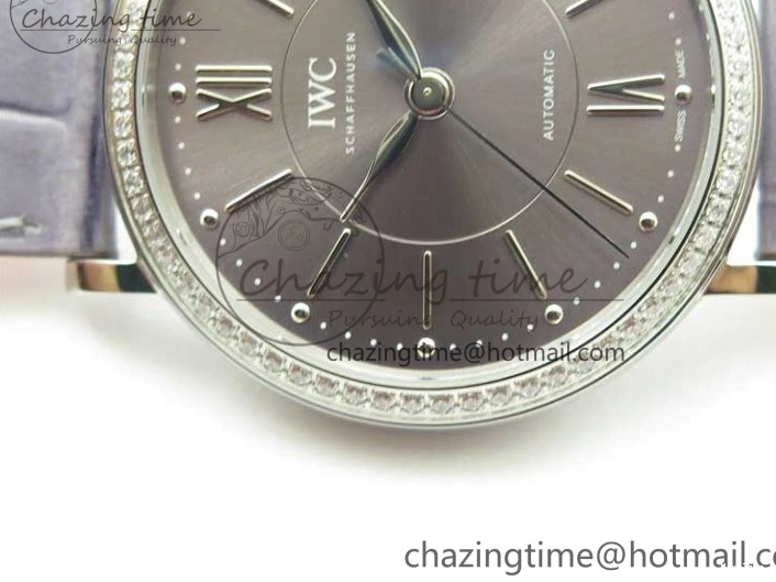 MIROTIME 0227 Attractive Portofino 37mm SS V7F 1:1 Best Edition Gray Dial Diamonds Bezel on Gray Leather Strap A 7091